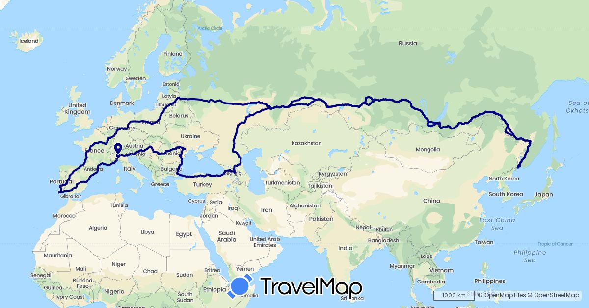 TravelMap itinerary: driving in Bulgaria, Spain, France, Georgia, Italy, Latvia, Moldova, Portugal, Romania, Russia, Turkey (Asia, Europe)